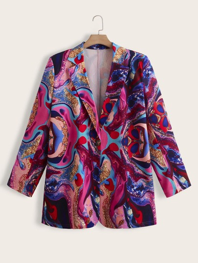 SHEIN Plus Marble Print Lapel Neck Blazer | SHEIN