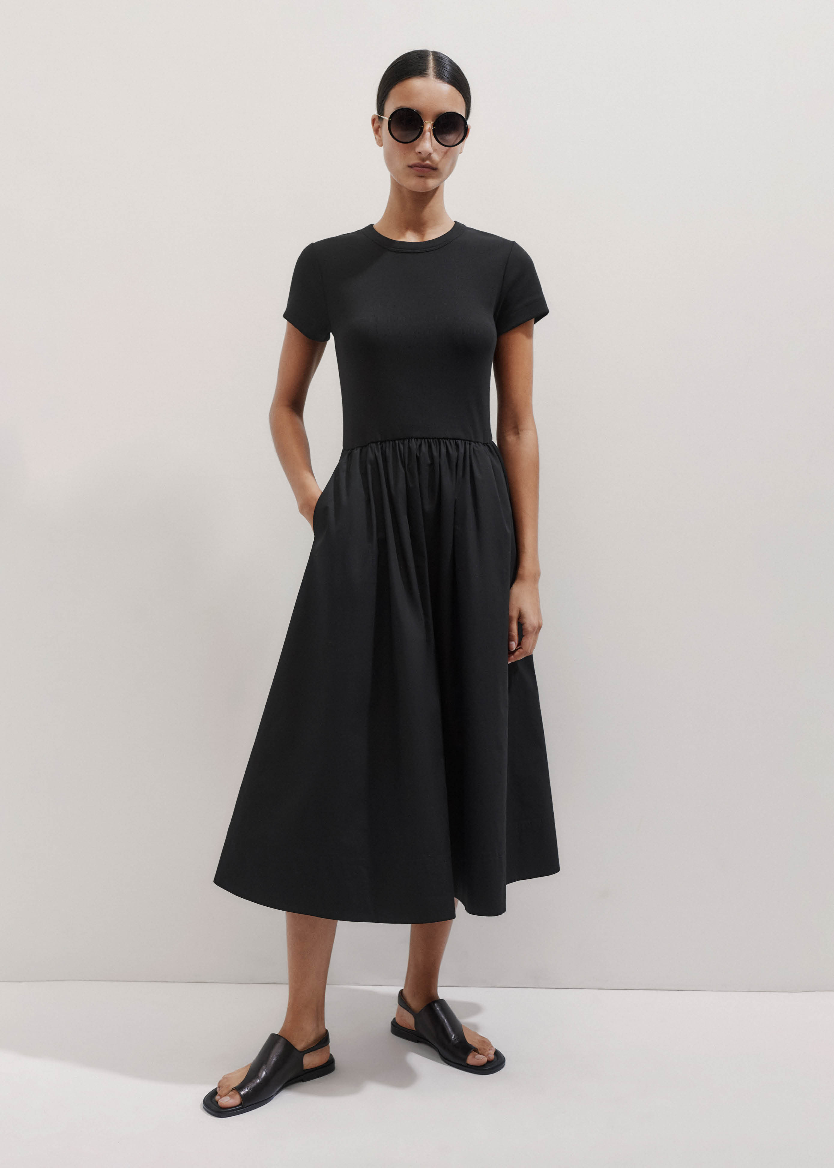 Women's Black Mixed Media Rib Tee Midi Dress | ME+EM | ME+EM US