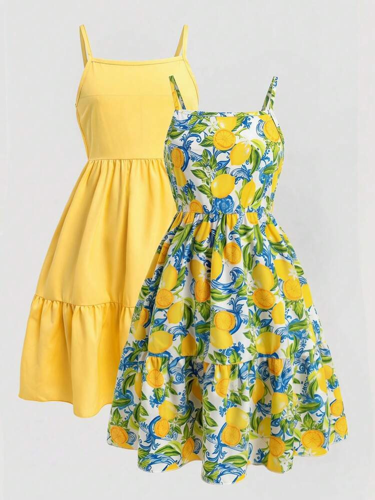 SHEIN Sparklyn Paquete de 2 vestidos de tirantes finos para ni\u00f1as preadolescentes, con cintu... | SHEIN