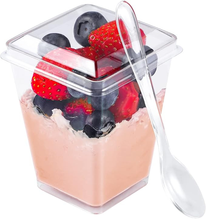 5 oz Plastic Dessert Cups with Lids and Spoons 150 Pcs Serves 50, Yogurt Parfait Appetizer Cup fo... | Amazon (US)