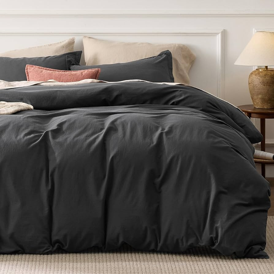 Bedsure 100% Stone Washed Cotton Duvet Cover King - Charcoal Minimalist Cotton Duvet Cover Set Li... | Amazon (US)