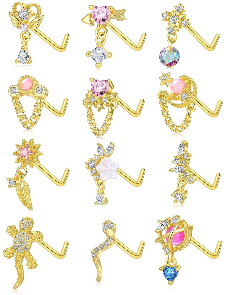 Tornito 12Pcs Nose Ring Nose Stud L Shaped Snake Butterfly CZ Flower Moon Dangle Nose Rings Stud ... | Amazon (US)