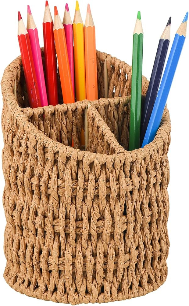 Woven Pen Holders Wicker Decorative Pencil Holder Makeup Brush Holder 3 Compartments Round Pencil... | Amazon (US)