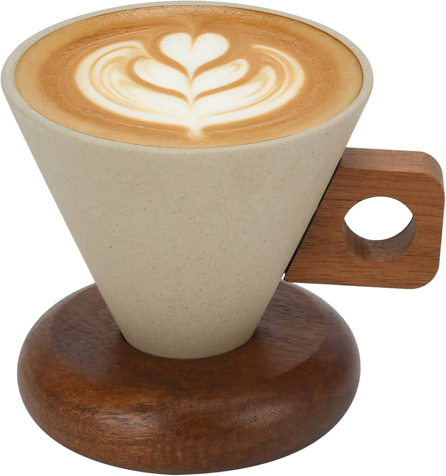 Rustic Tea Cup and Saucer Set with Wooden Handle & Base - Handmade Stoneware Mug for Latte, Cappu... | Amazon (US)