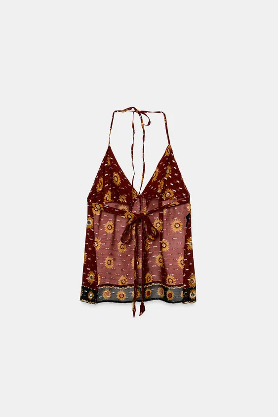 BEADED PRINTED GEORGETTE HALTER TOP | Zara UK