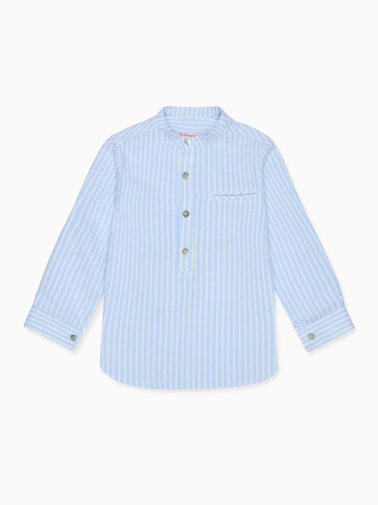 Blue Stripe Mateo Cotton Long Sleeve Boy Shirt | La Coqueta Kids | La Coqueta