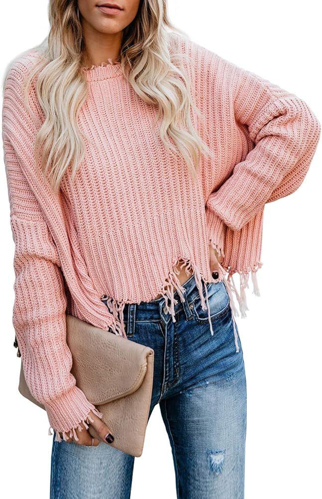 Women V-Neck Long Sleeve Loose Ripped Pullover Knit Sweater Crop Top(S-XL) | Amazon (US)