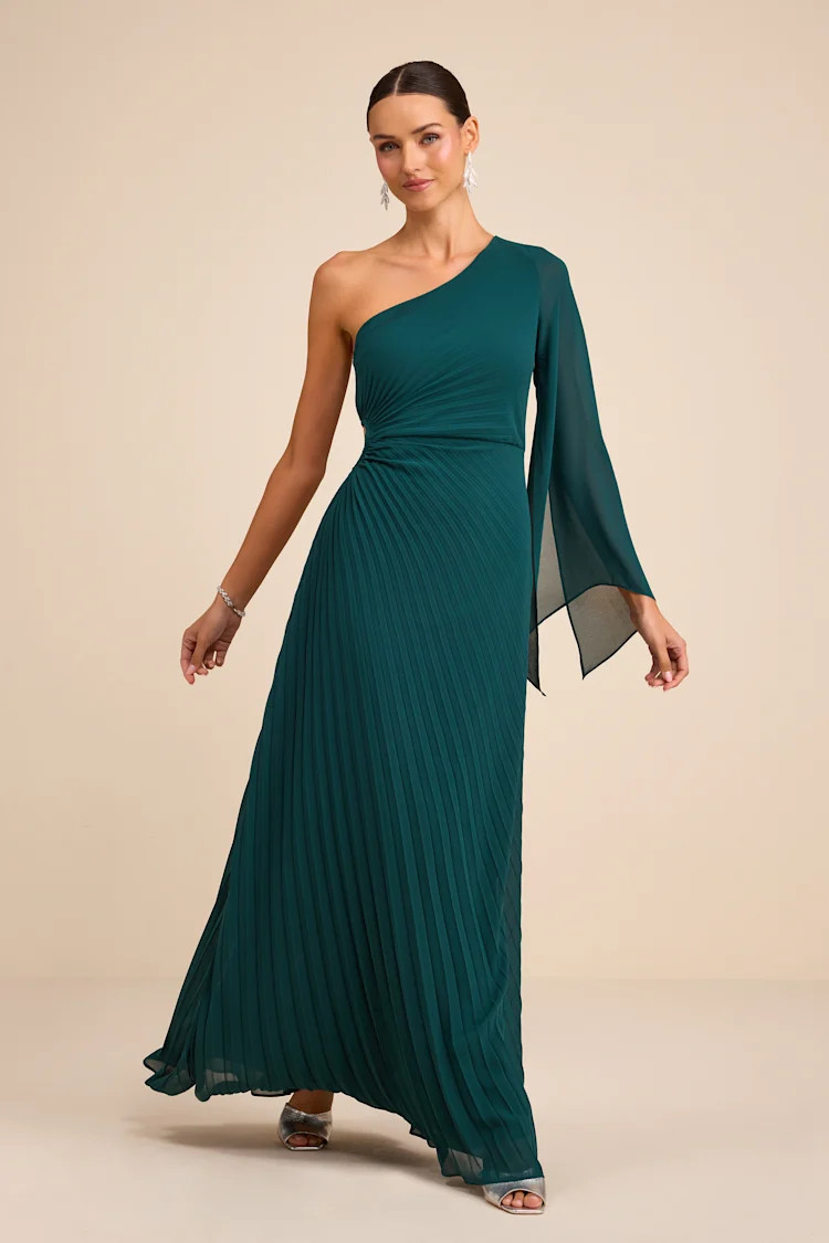 Cecillia Emerald Pleated One-Shoulder Maxi Dress | Lulus