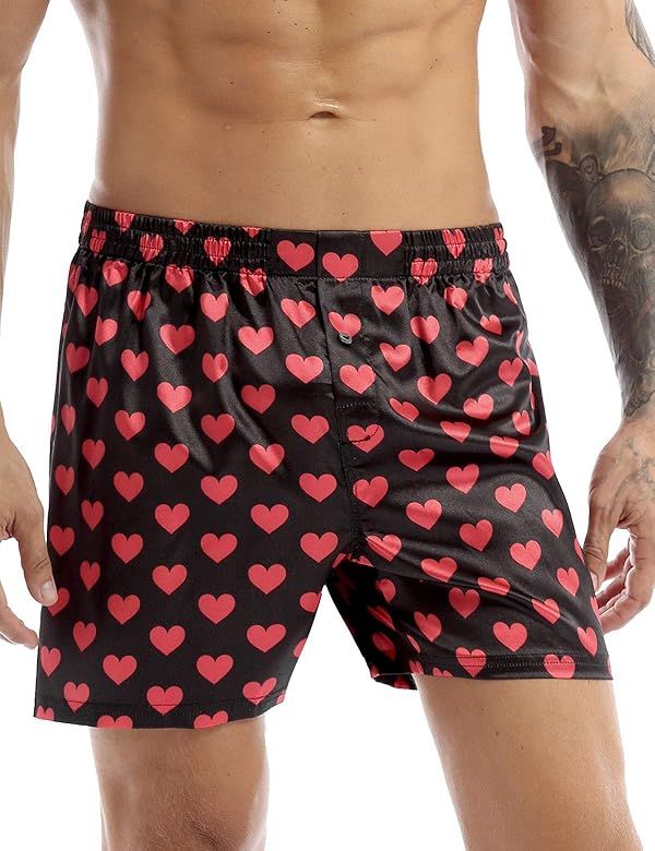 Agoky Men's Silky Satin Boxer Shorts Love You Valentine Special Pajamas Sleepwear Lounge Underwear | Amazon (US)