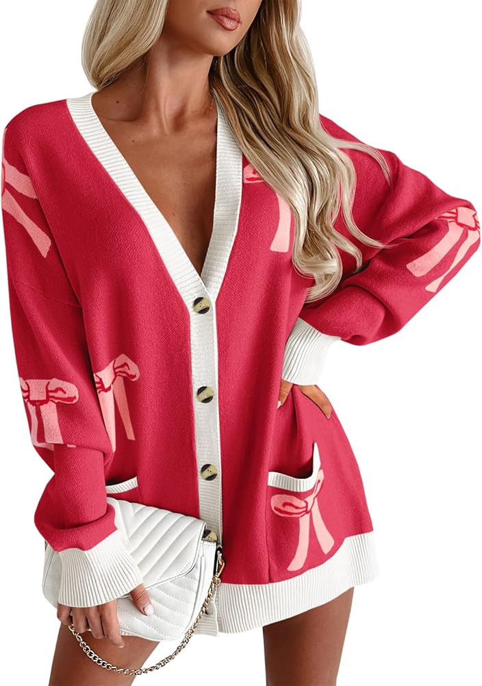 Saodimallsu Womens Oversized Cardigan Sweaters Bow Printed Button V Neck Long Sleeve Loose Knit F... | Amazon (US)