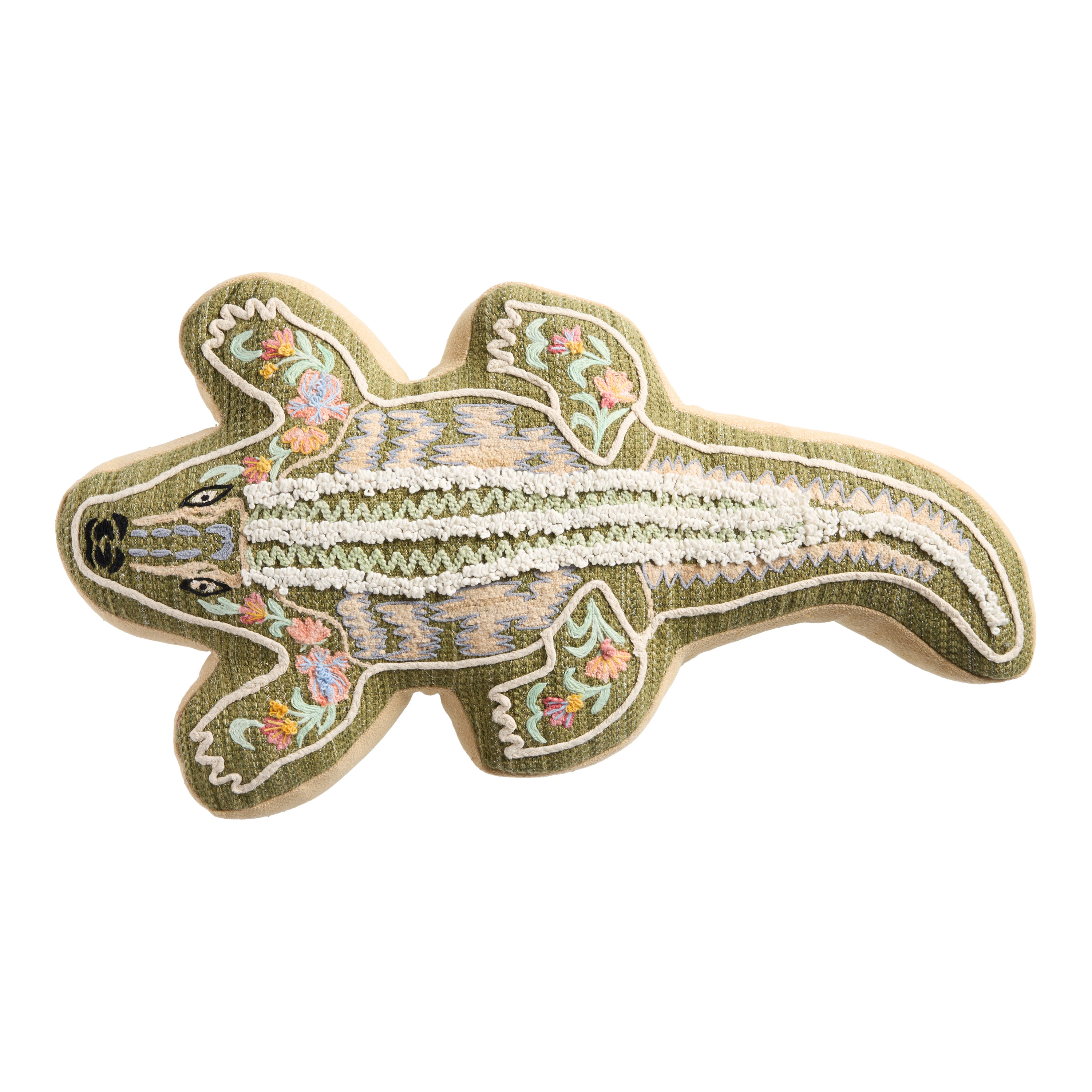 Oversized Green Crocodile Shaped Embroidered Throw Pillow | World Market