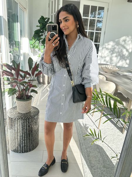 Love this shirt dress and loafer look for a casual but chic fit ! Wearing size small in the dress. Bag is LV!