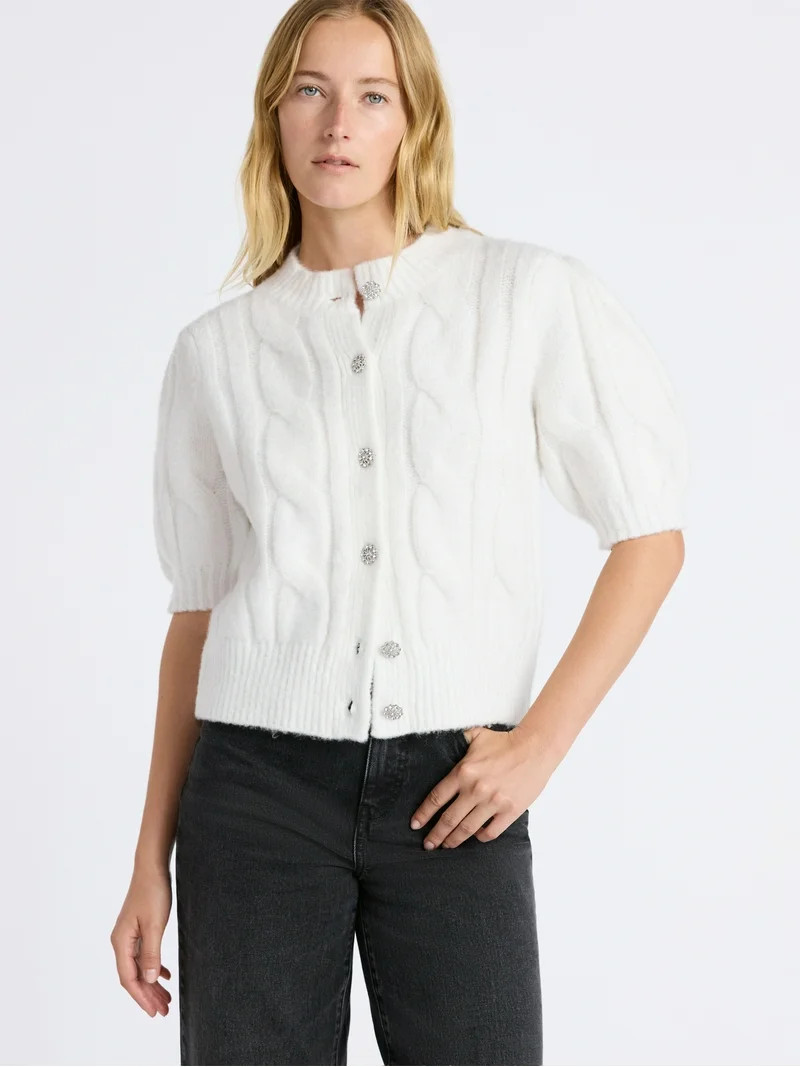 Free Assembly Women's and Women's Plus Cable Cardigan with Short Puff Sleeves, Sizes XS-4X | Walmart (US)