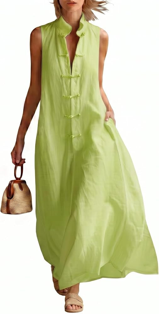 Women's Linen-Textured Maxi Dress Sleeveless Vintage Mandarin Collar Frog Button Flowy Casual Vac... | Amazon (US)