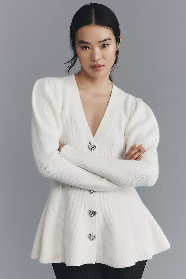 Puff-Sleeve Heart-Button Cardigan Sweater | Anthropologie (US)