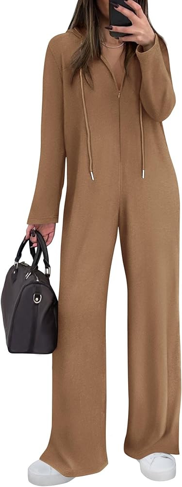 KIRUNDO Jumpsuits for Women Casual Long Sleeve Spring One Piece Outfits 2025 Drawstring Hoodie Zi... | Amazon (US)