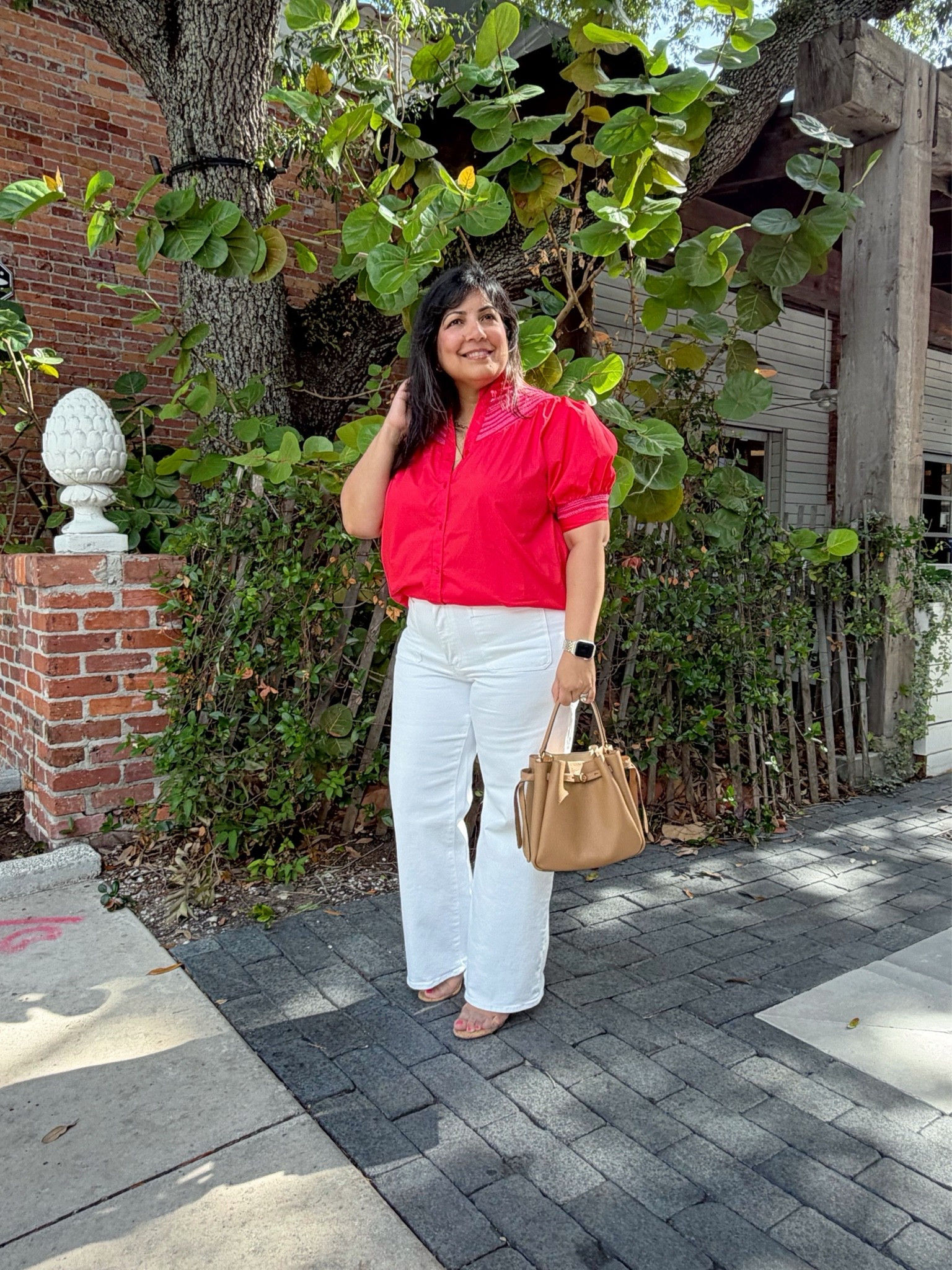 Summer outfit! Perfect for a casual date night and also a great business casual work outfit if you can wear jeans to work. 

Avara top size large. Madewell white wide leg jeans size 32 Short. Schutz sandals. Tory Burch bucket bag.

#LTKOver40 #LTKMidsize #LTKPetite