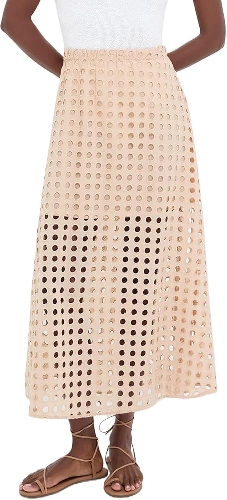 Women Summer Eyelet Maxi Skirt Cotton Holow Out High Elastic Waist Beach Skirt Flowy Long Skirts ... | Amazon (US)
