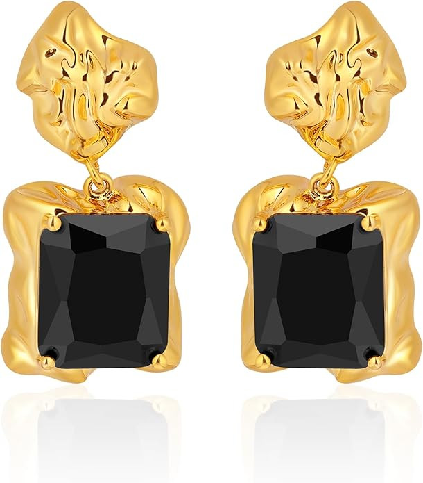 Chunky Gold Geometric Stud Earrings Trendy Vintage 14K Gold Plated Black Cubic Zirconia Statement... | Amazon (US)