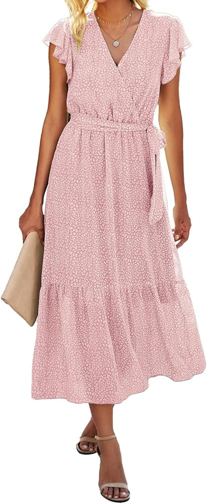 BTFBM Women Summer Bohemian Floral Casual Wrap V Neck Ruffle Cap Sleeveless Belt A-Line Pleated H... | Amazon (US)