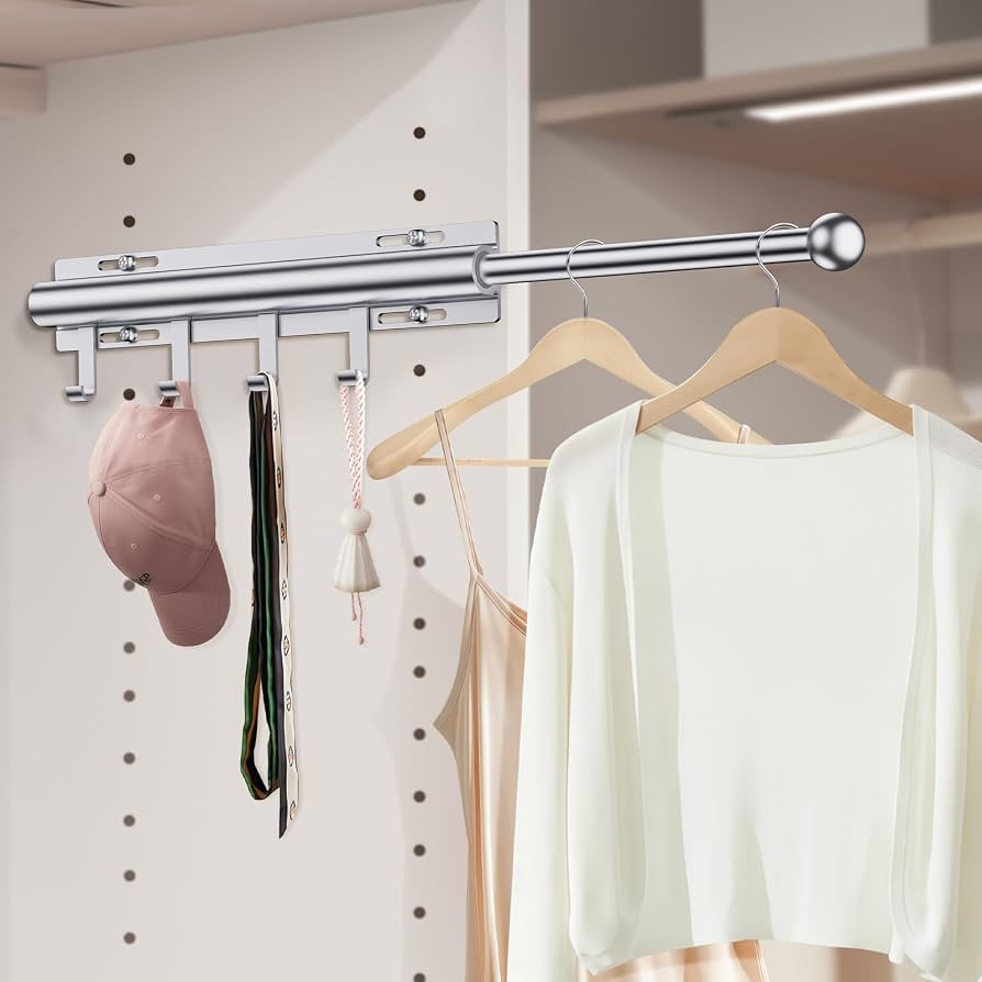 Valet Rod for Closets, 12" Valet Rod With 4 Hooks, Closet Organizer Slide Out Clothing Hanger Rod... | Amazon (US)