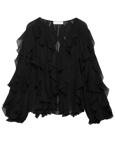 Shiyifa Womens Sheer Ruffle Blouse V Neck See Through Chiffon Ruffled Tops Summer Going Out Tops(Lack-L) Black | Amazon (US)