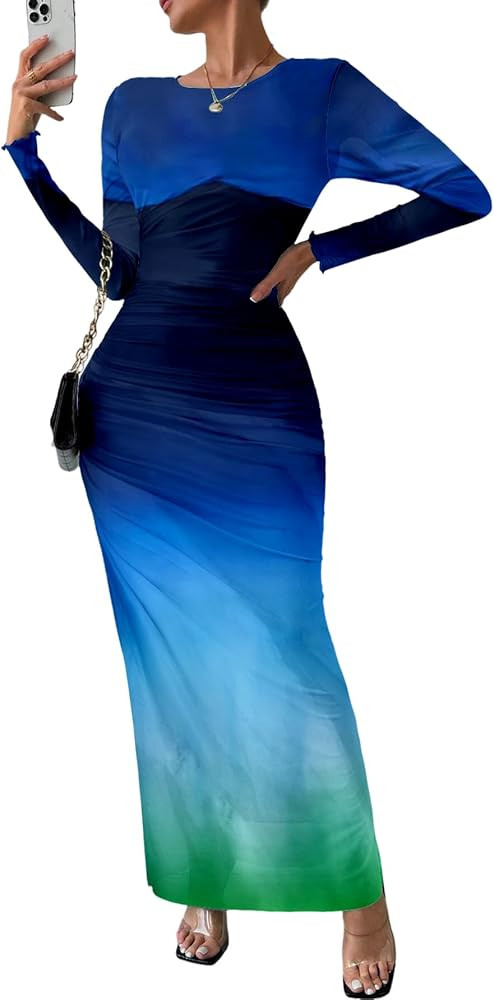 MARZXIN Womens Long Sleeve Maxi Dress Bodycon Ruched Natural Slim Fit Tie Dye Dress Cocktail Dres... | Amazon (US)