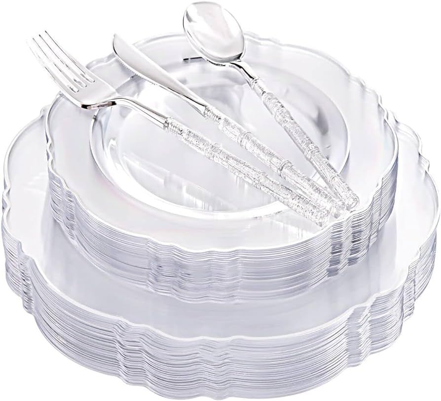 Amazon.com: Liacere 150PCS Silver Plastic Plates - Clear Silver Disposable Plates with Glitter Ba... | Amazon (US)