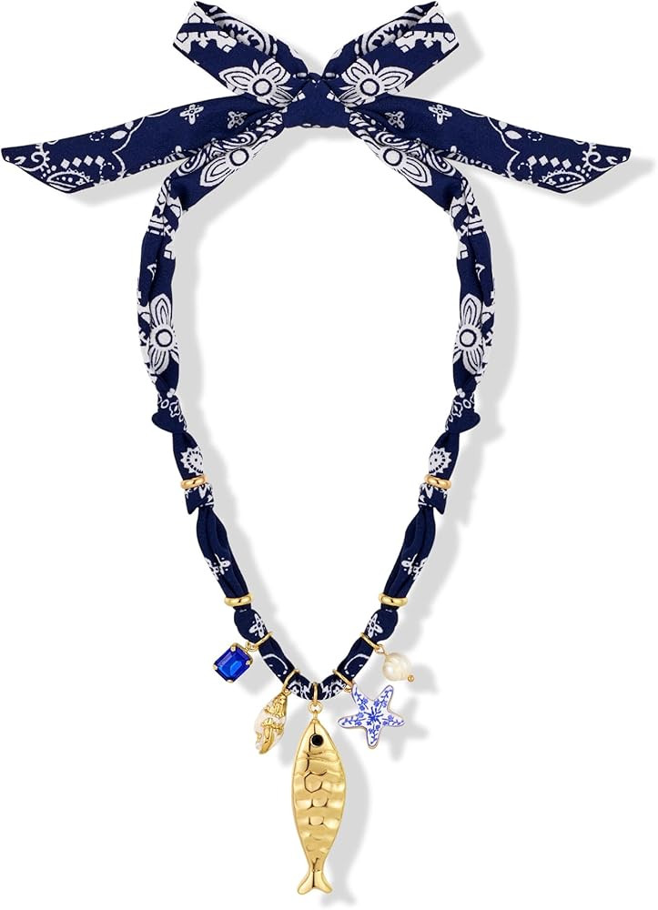 Gold Fish Necklace For Women Blued Beaded Strand Toggle Necklace With Gold Fish Pendants Dainty S... | Amazon (US)