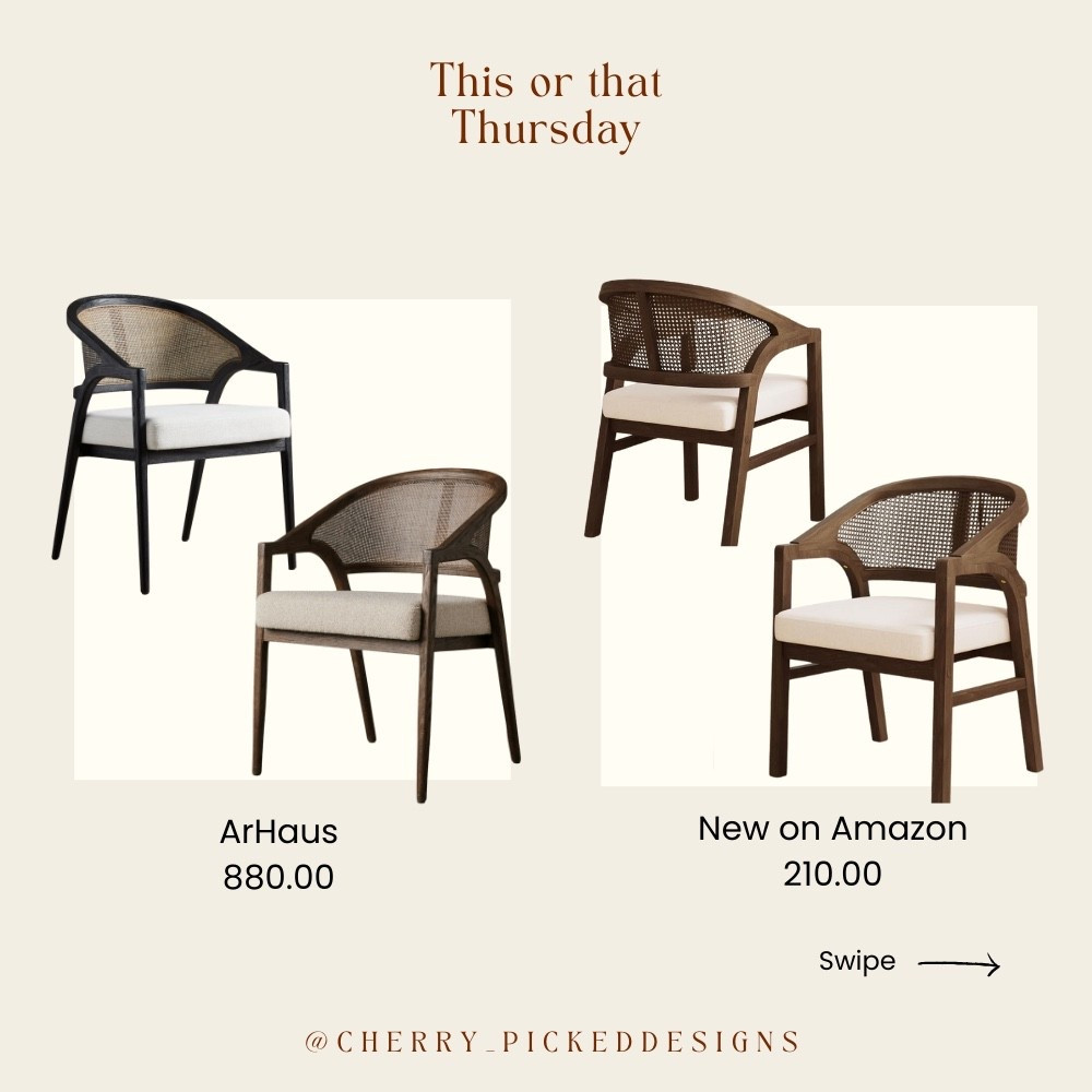 This or That Thursday: Dupe Alert! 🚨 We’re back with another high-end look for less, new to Amazon! Which one are you picking for your space? 🤔 The ArHaus dining chairs are stunning, but the new chairs on Amazon are a fantastic find to get that organic modern style for a fraction of the cost. 💸 Perfect for a neutral dining room or as a statement accent chair!

🤎 Follow me for more "This or That Thursdays" where I post 10 dupes and affordable home decor finds everyday! ✨

#OrganicModern #NeutralHome #HomeDecor #HomeDecorInspo #AmazonFinds #AmazonHome #AffordableDecor #DupeAlert #HighLowDesign #ArHaus #DiningChairs #AccentChairs #CaneBackChair #InteriorDesign #InteriorDecor #DecoratingOnABudget #DesignForLess #LTKDining

#LTKHome #LTKStyleTip