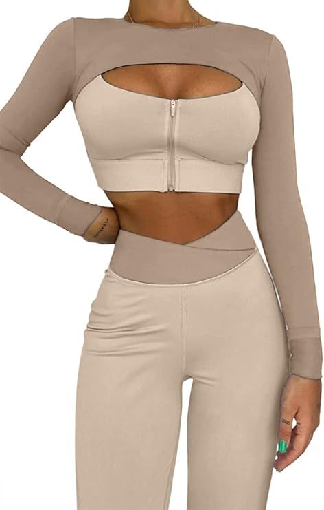 QINSEN Workout Outfits for Women 2 Piece Long Sleeve Cutout Crop Tops Tummy Control Leggings Sets | Amazon (US)