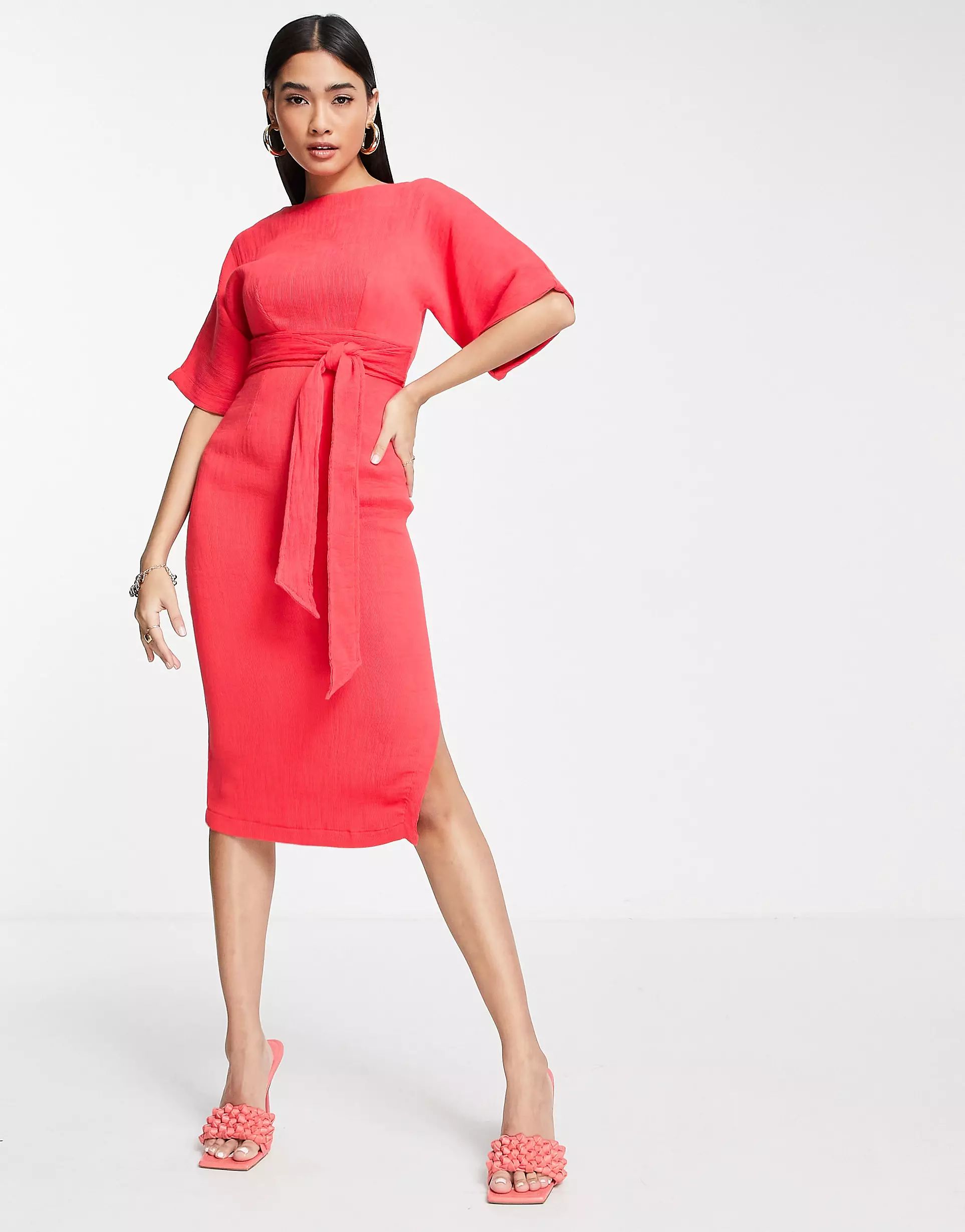Closet London ribbed pencil dress with tie belt in red | ASOS (Global)