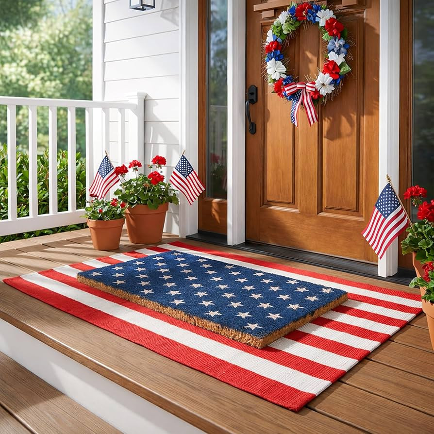 2 Pcs 4th of July Door Mat Set, Layered Welcome Mats Combo with Red White Striped Rug & Natural C... | Amazon (US)