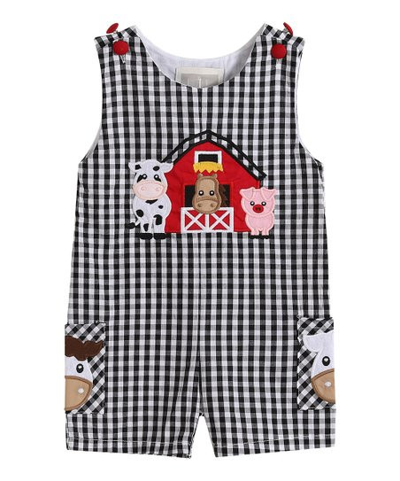 Lil Cactus Black Gingham Barn Scene Shortalls - Infant | Zulily