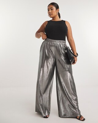 Metallic Plisse Wide Leg Trousers | Simply Be (UK)