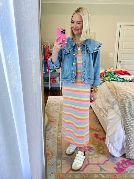 Mabel Peter Pan collar denim jacket (size: XS petite) / rainbow pastel stripe midi dress (size: XS reg) / velcro sneakers (sized up to a 38 and I’m normal 7) / mom style / spring mom outfit / colorful style 