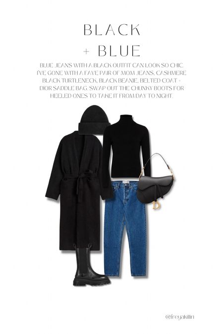 Blue jeans with a black outfit can look so chic! I’ve gone with a fave pair of mom jeans, black cashmere turtleneck jumper, black beanie, belted coat & dior saddle bag. Swap out the chunky boots for heeled ones to take it from day to night.

#LTKstyletip #LTKSeasonal #LTKeurope