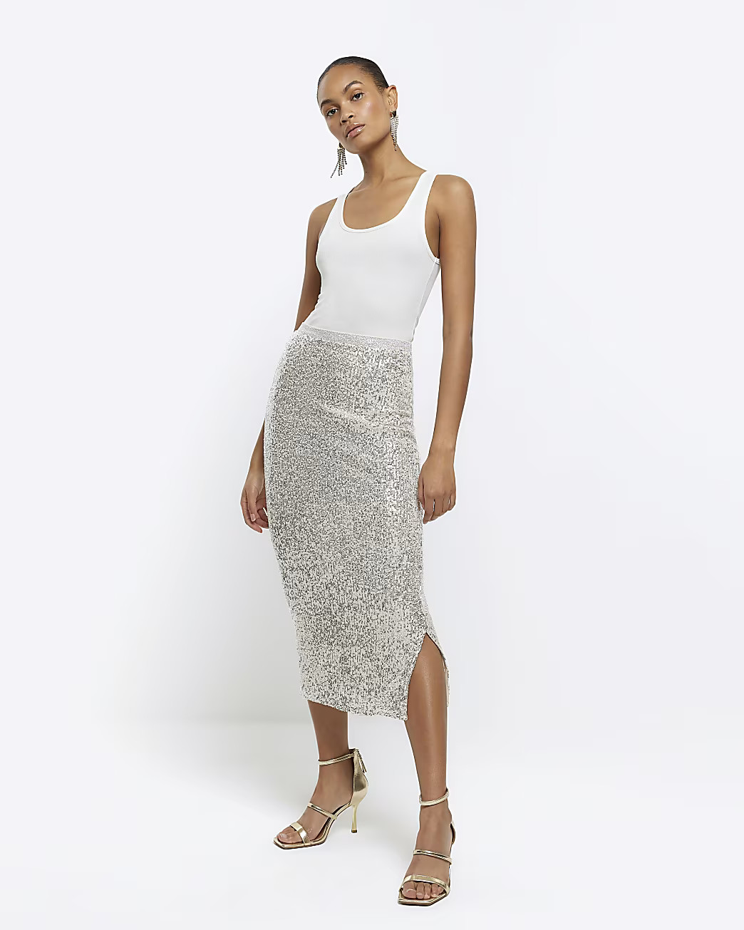 Silver sequin midi skirt | River Island (US)