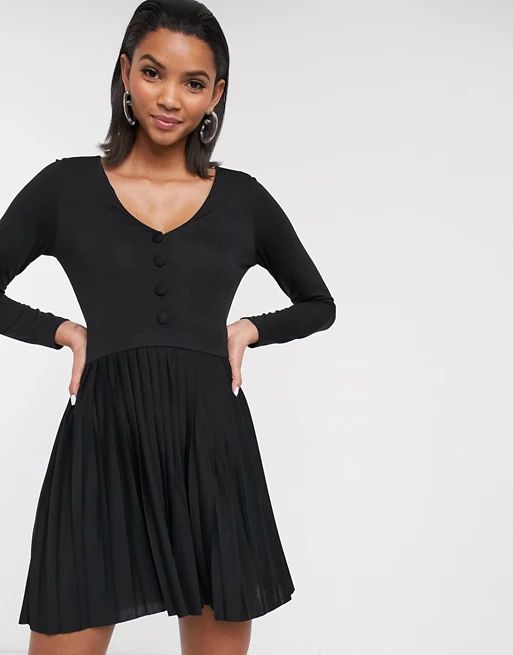 ASOS DESIGN long sleeve pleated mini dress in black | ASOS (Global)