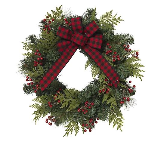 24-in D PVC Pine Wreath w/ Berries & Bow by Gerson Co | QVC