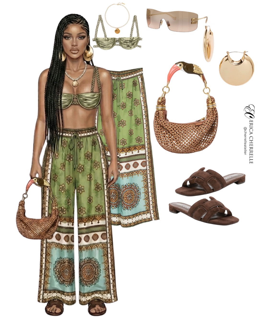 Let’s Get Tropical ✅ Tropical paradise 🌴 ☀️🐠 meets effortless luxury. 🌿☀️ This combination of a satin olive bralette and intricate mosaic-print wide-leg pants is the definition of quiet luxury for the jet-set crowd.

From the statement toucan-handle woven bag to the oversized gold hoops, we specialize in curating vacation wardrobes that make you look like you own the resort. Heading out for holiday soon? Tap the link in my bio to book your custom resort styling experience and let’s elevate your packing list! 🏝️✨Product links in Bio!

#ResortStyle #VacationWardrobe #SummerLuxury #JetSetStyle #virtualstylist

#LTKTravel #LTKootd #LTKSeasonal