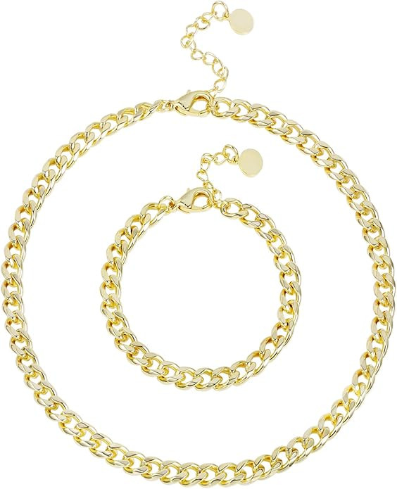 BOUTIQUELOVIN Gold Paperclip Chain Necklace Bracelet Set | 14K Gold Plated Classic Link Chain for... | Amazon (US)