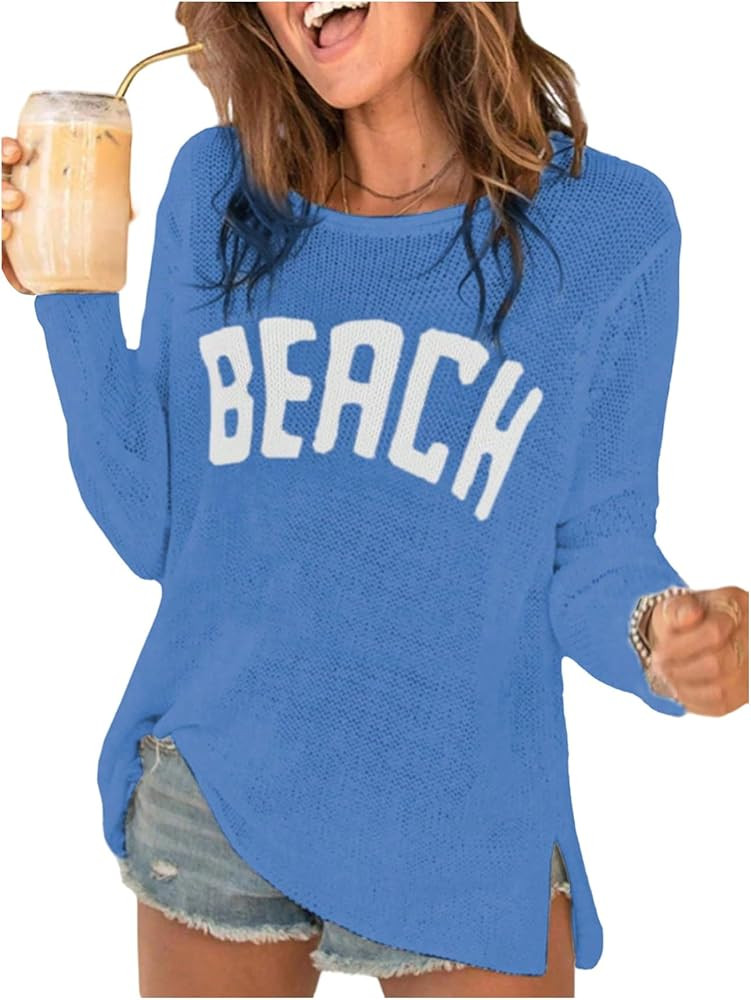 COZYEASE Women's Beach Cover Up Letter Print Long Sleeve Sweater Crew Neck Split Hem Crochet Jump... | Amazon (US)