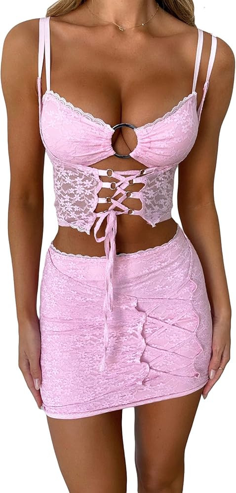 Faretumiya Women Two Piece Outfit Light Pink Lace Top Lace Skirt Outfit Pink Lace Dress Outfit | Amazon (US)