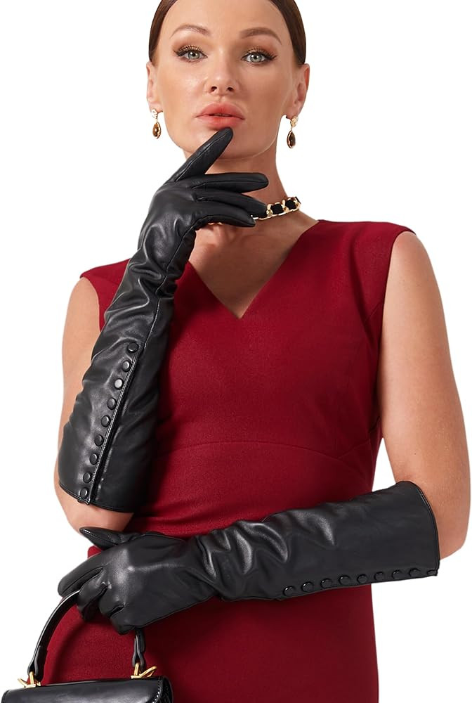 VIKIDEER Side Button Long Leather Gloves for Women with Plush Lining Warm Elegant for Evening Ope... | Amazon (US)