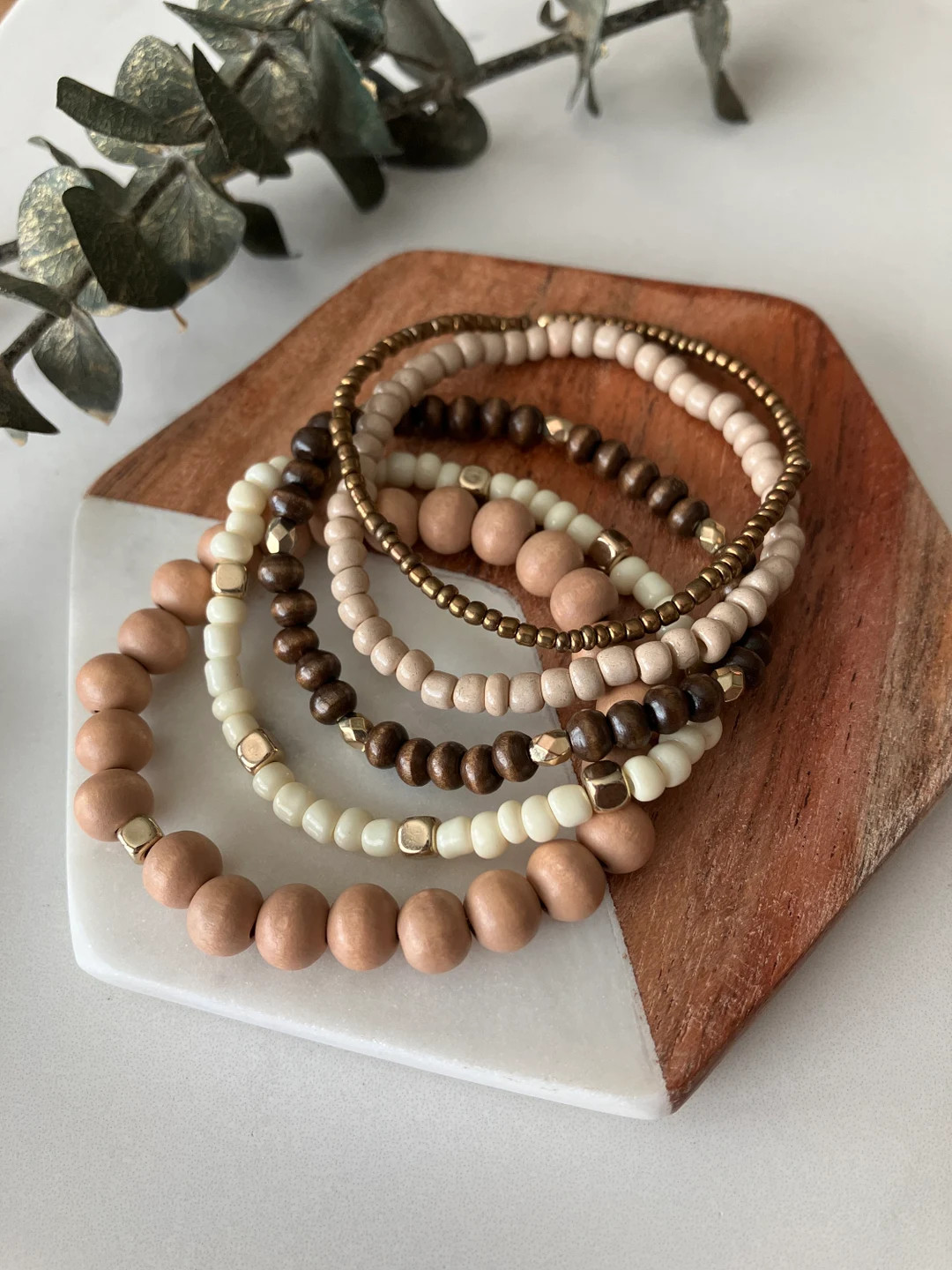 Boho Neutral Bracelet Set of 5, Layering Bracelets, Gold/cream/tan/wood/brass, Women's Stack Brac... | Etsy (US)