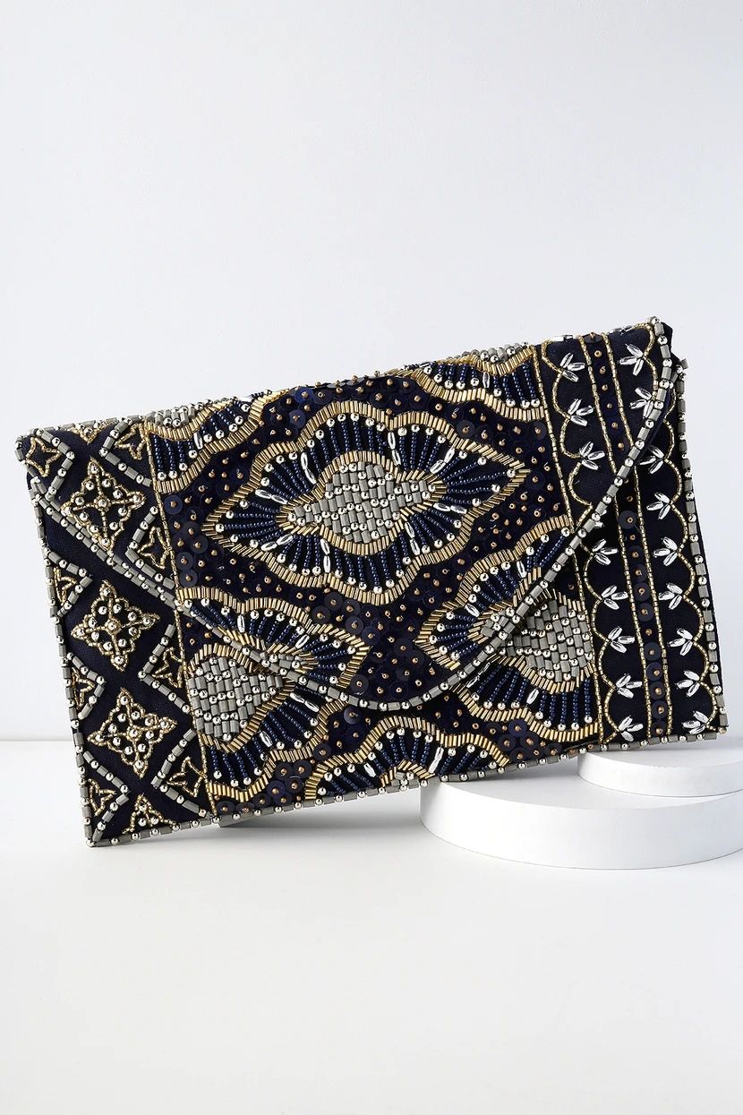 Etched in Stone Navy Blue Beaded Clutch | Lulus (US)
