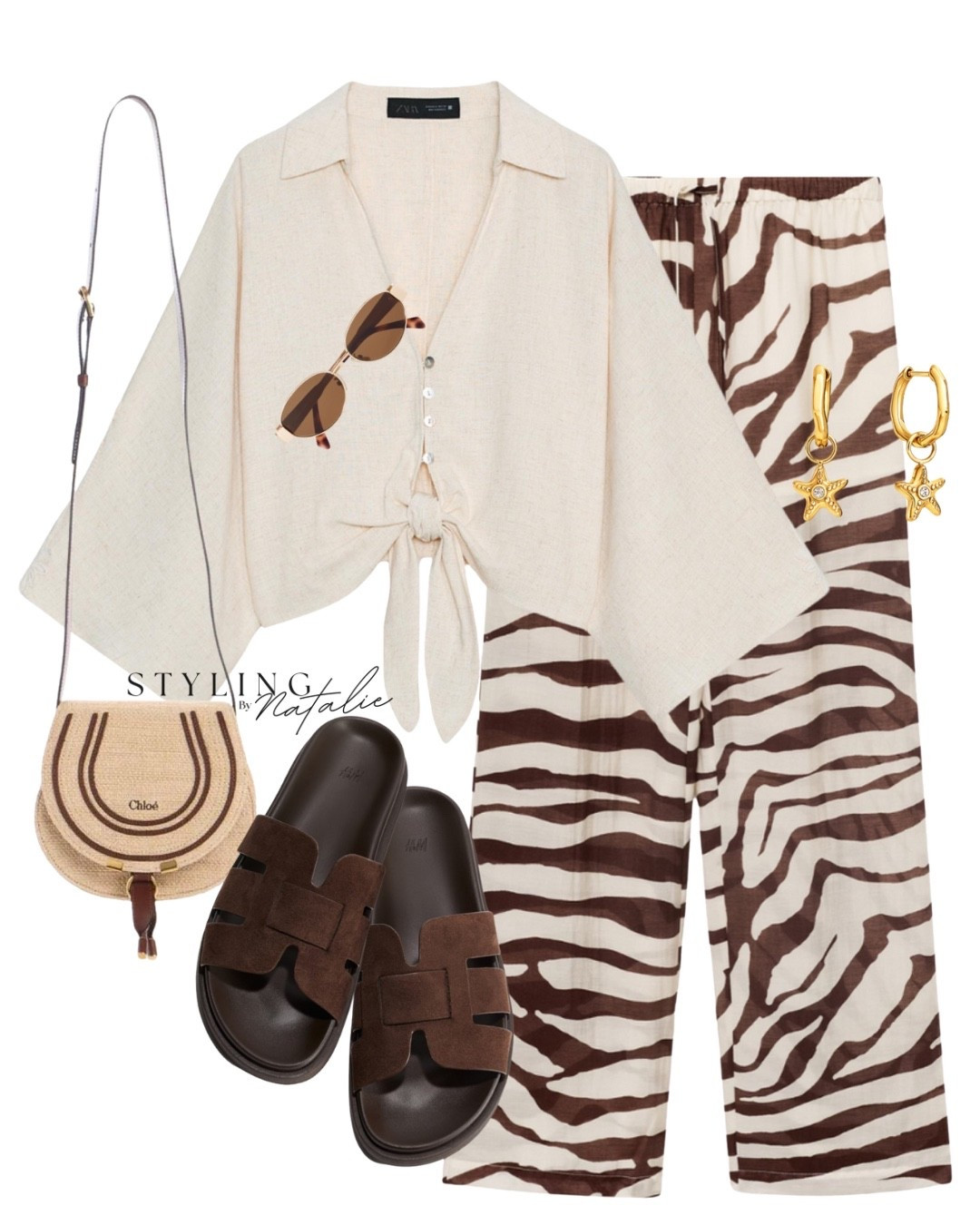 Neutral casual chic summer outfit 🤎
Brown zebra print pull on trousers, linen knot crop top, brown sandals, star shape earrings & Chloe crossbody bag and Celine sunglasses. 

#LTKuk #LTKeurope #LTKsummer