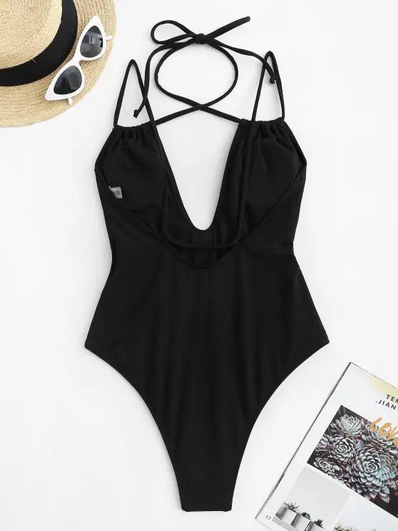 ZAFUL Ribbed Strappy Criss Cross Halter One-piece Swimsuit   BLACK | ZAFUL (Global)