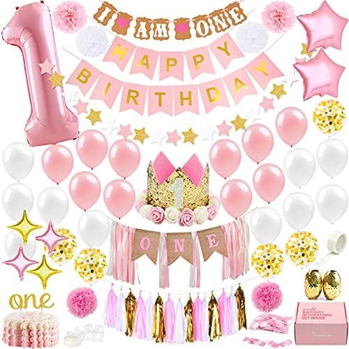 1st Birthday Girl Decorations WITH Birthday Crown- Baby First Birthday Decorations Girl - Pink an... | Amazon (US)